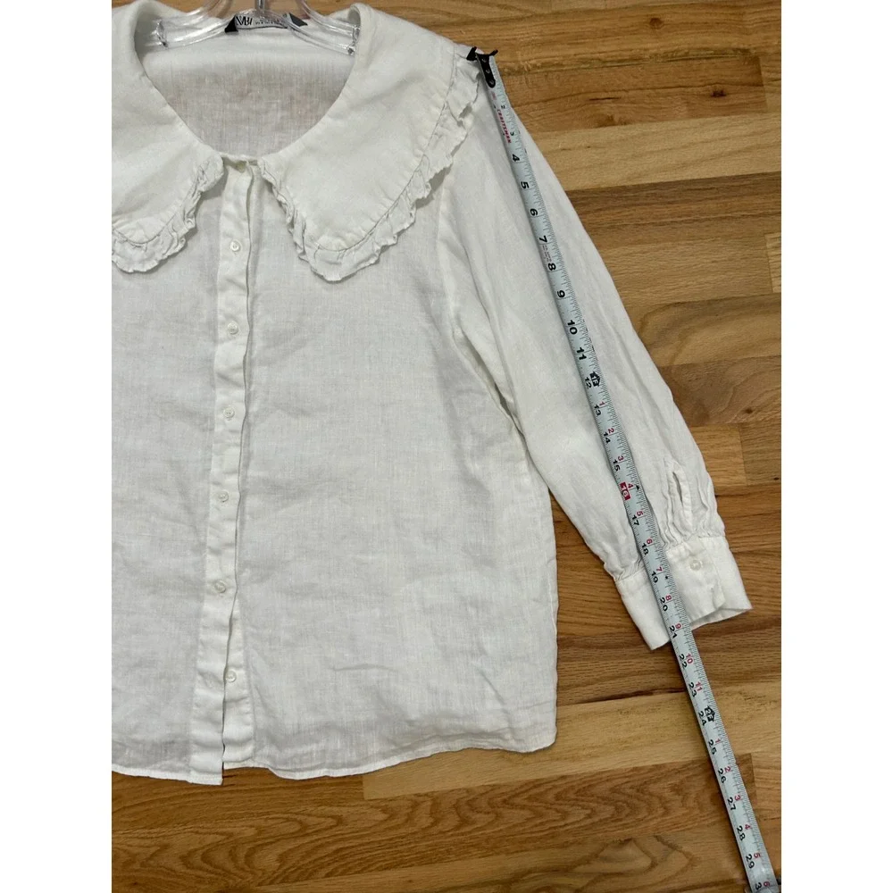 Zara Ruffled Peter Pan Collar Linen Blouse Women Medium White Cottagecore
